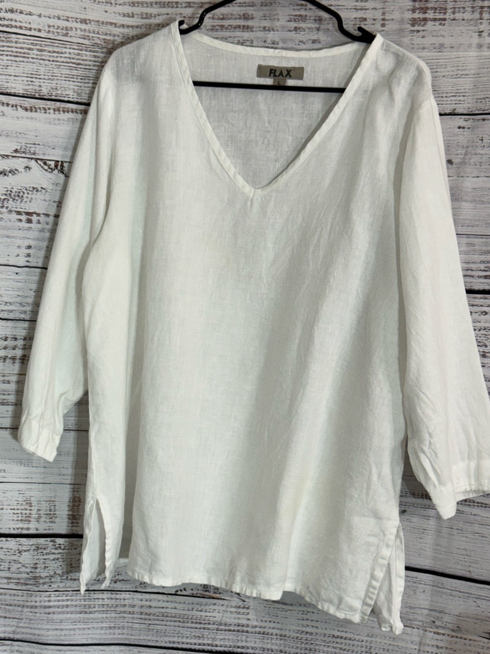 Flax Top Womens Size large White Linen V-Neck Tunic Boho minimalist lightweight